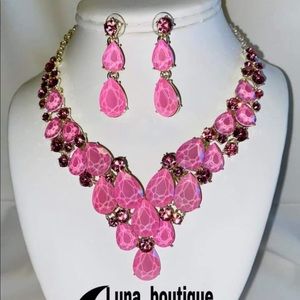 Statement Necklace And Earrings Set Pink